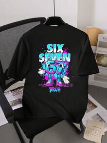Camiseta de manga corta con cuello redondo y estampado gráfico reversible "67" de moda informal para niños preadolescentes, adecuada para salidas, top de manga corta negra "Six Seven", adecuada para el verano y todas las estaciones - Negro - Ver 2