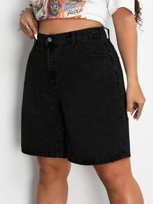 SHEIN ICON 大码夏季休闲纯色斜口袋直筒牛仔短裤 - 黑色 - 查看 6