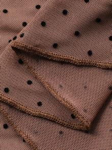 Livesso Spring & Summer Polka Dot Print Brown Pullover Top, Design Details Include Tie Waist, Ruffle Hem, Bell Sleeves, Casual Vacation Beach Chiffon Blouse For Women - Brown - View 7