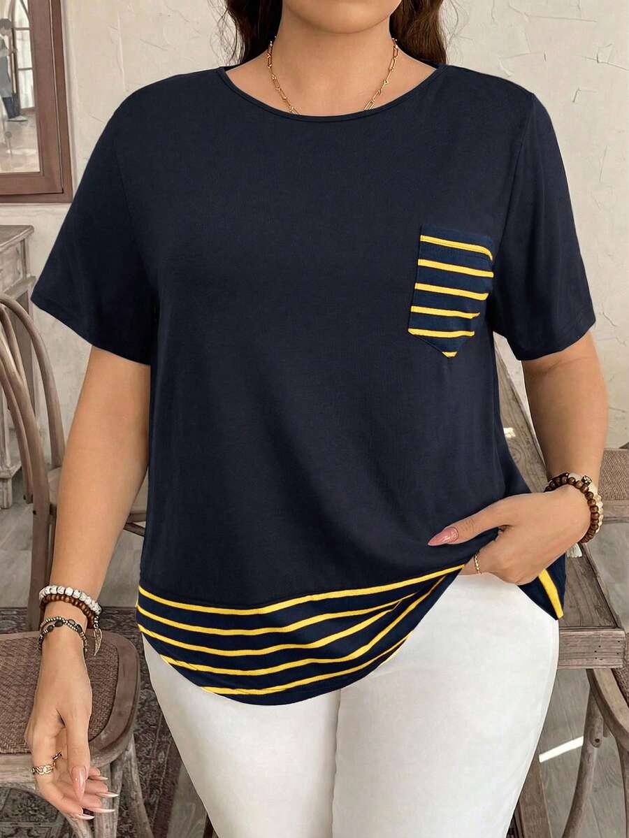 SHEIN LUNE Plus Size Striped Patchwork Contrast Color Pocket Decor Casual T-Shirt Western Wear, Summer Tops - Royal Blue - View 1