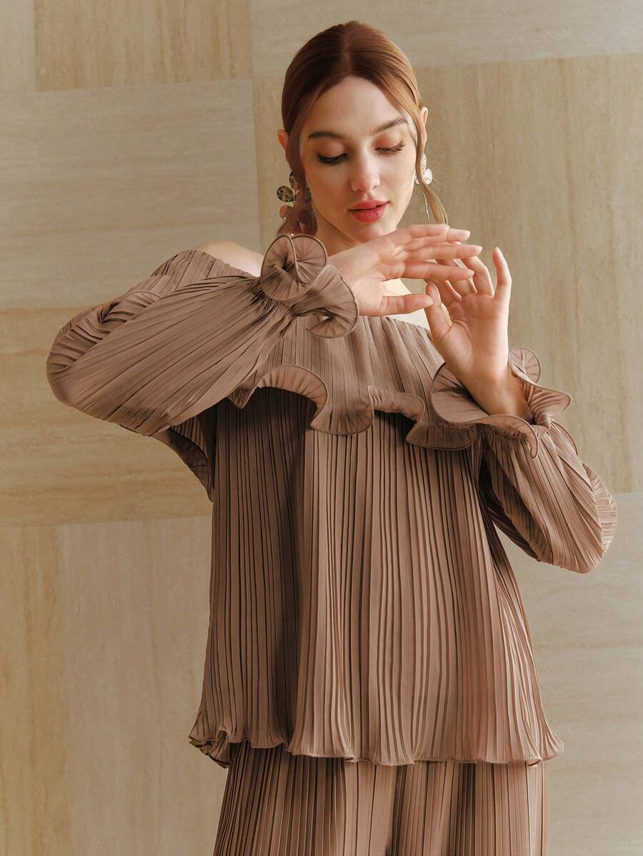 Anewsta Spring/Summer New Vacation Ruffle Off Shoulder Fashionable Elegant Casual Women Top - Mocha Brown - View 1