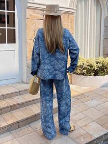 DAZY Women's Half-Zip Drop Shoulder Loose Retro Versatile 2 Pieces Set - Blue - View 5