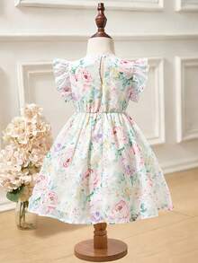 Young Girl Cute & Elegant White Floral Print Cutout Cap Sleeve Dress - Apricot - View 11