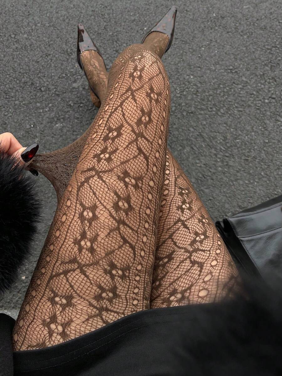 DAZY 女士性感镂空蕾丝打底裤 Y2k - 鏽棕色 - 查看 1