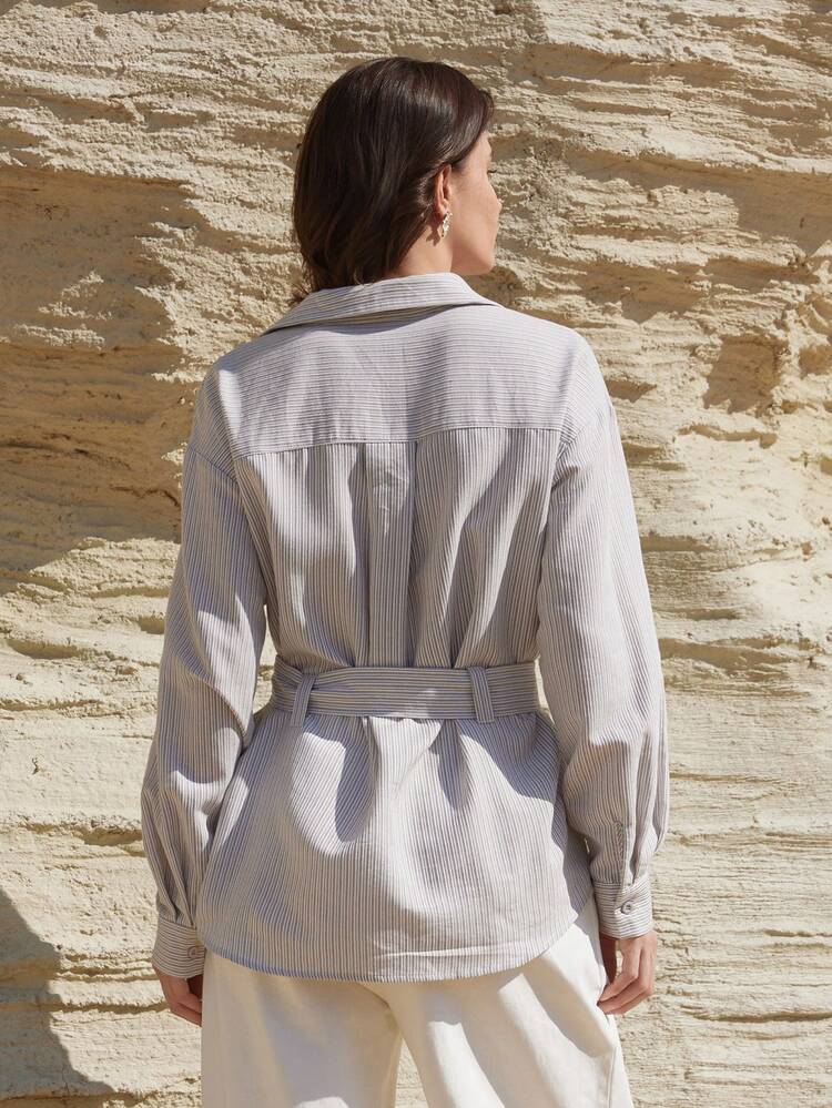 Women's Business/Casual Striped Cinched Waist Long Sleeve Shirt, Suitable For Spring And Summer
