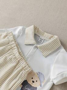 PrepCrw Baby Boys Preppy Bear Pattern Polo Shirt And Striped Shorts Set - Khaki - View 6