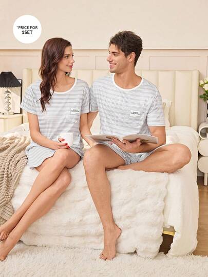 SHEIN Men's Casual Striped Print Faux Pocket Short Sleeve Shorts Pajama Set