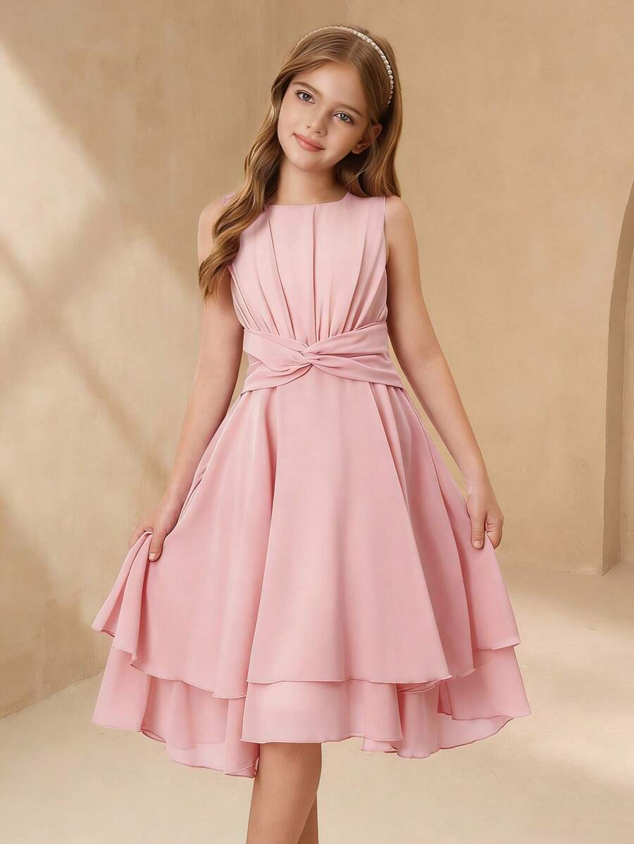 SHEIN Đầm midi không tay màu tím nhạt thanh lịch, đáng yêu dành cho bé gái tuổi teen, thích hợp cho các bữa tiệc, kỳ nghỉ, dịp trang trọng, đám cưới, sinh nhật, biểu diễn và các sự kiện khác. - Hồng - Xem 1