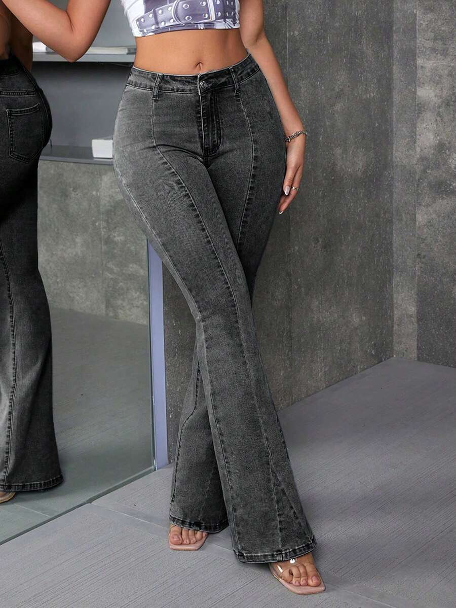 SHEIN ICON Pantalones acampanados de mezclilla lavada de moda callejera para mujer - Gris Oscuro - Ver 1