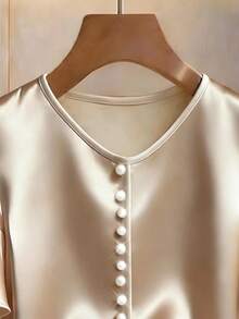 Modelyn Satin Shiny Pearl Button Decor Short Sleeve Casual Blouse For Women, Spring/Summer - Apricot - View 3