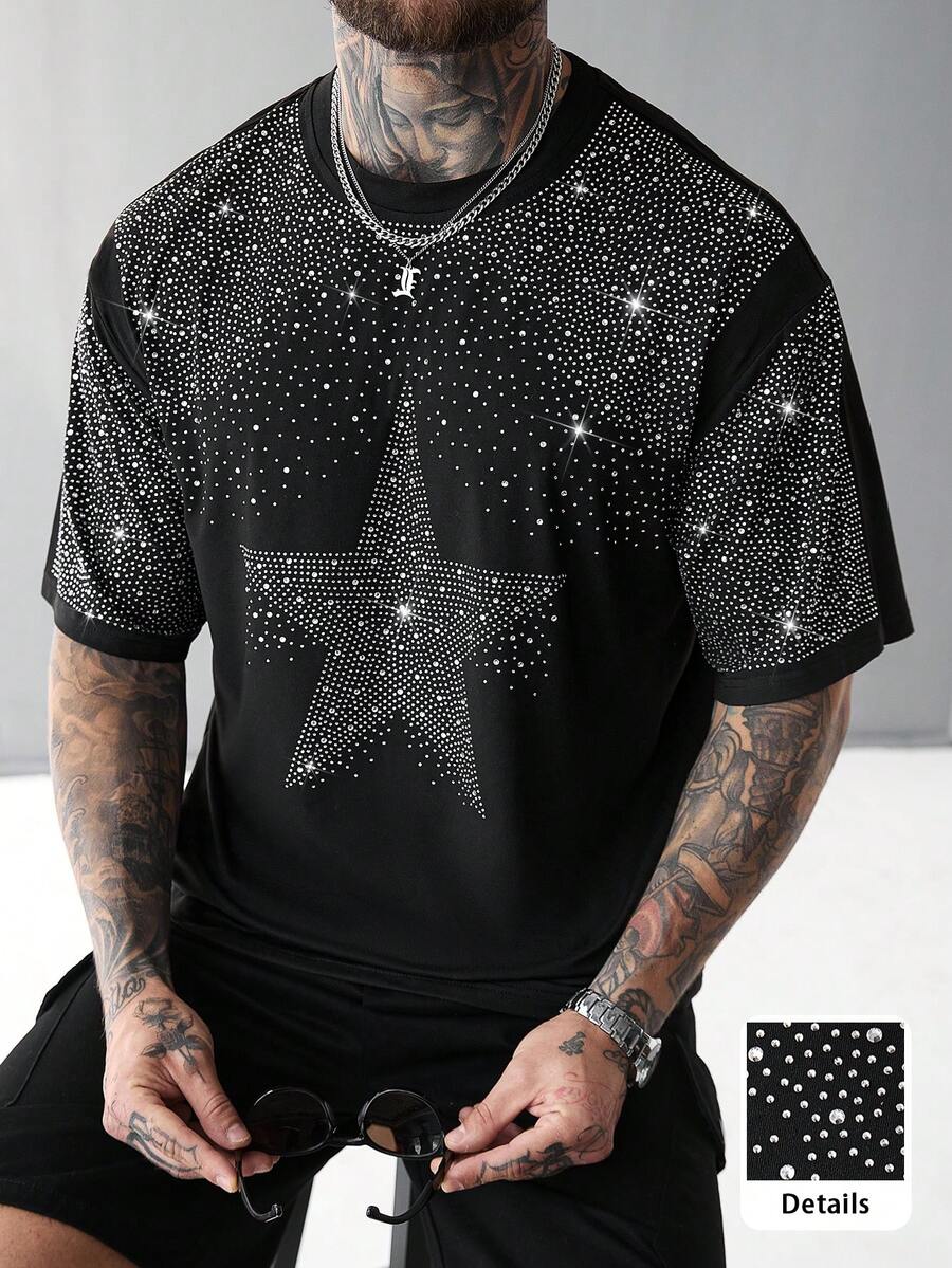 SLATEMANN 男士休闲宽松短袖T恤，黑色，水钻设计，宽松版型，成熟街头风，适合通勤、日常穿着，可作为男友/老公礼物，情侣装 - 黑色 - 查看 1