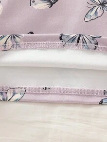 SHEIN 两件套女童优雅紫色粉色复古蝴蝶印花圆领修身短袖上衣和短裤睡衣套装 - 紫色 - 查看 4