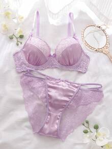 DelicateAllure Lavender Butterfly Jacquard Lace Patchwork Satin Bow Decor Sexy Hollow Multi-Strap Lingerie Set - Mauve Purple - View 4