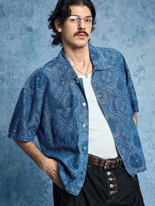 ROMWE MEN Grunge Punk Men's Turndown Collar Single-Breasted Pocket Casual Everyday Denim Short Sleeve Shirt - Blue - View 4