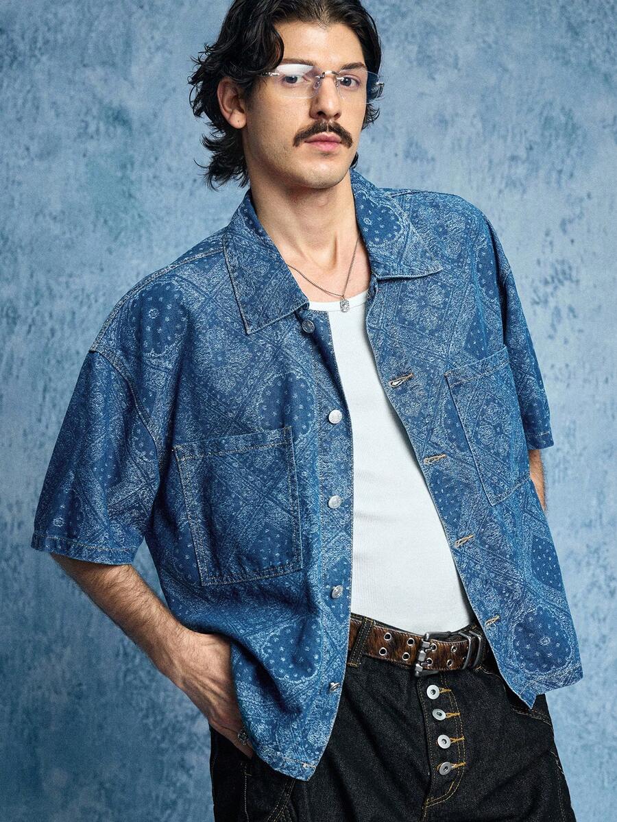 ROMWE MEN Grunge Punk Men's Turndown Collar Single-Breasted Pocket Casual Everyday Denim Short Sleeve Shirt - Blue - View 1