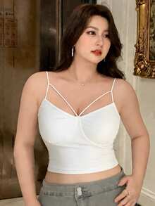 Dazy Plus Solid Color Hollow Out Fitted Cropped Camisole Tank Top, Suitable For All Seasons - White - View 3