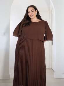 Pretty and Ole Plus Size Solid Color Elegant Lady-Like Chiffon Pleated Dress, Spring/Summer Chocolate Brown Dress Brown Long Dress Elegant Brown Maxi Dress Pleated Maxi Dress Brown Pleated Dress - Coffee Brown - View 6
