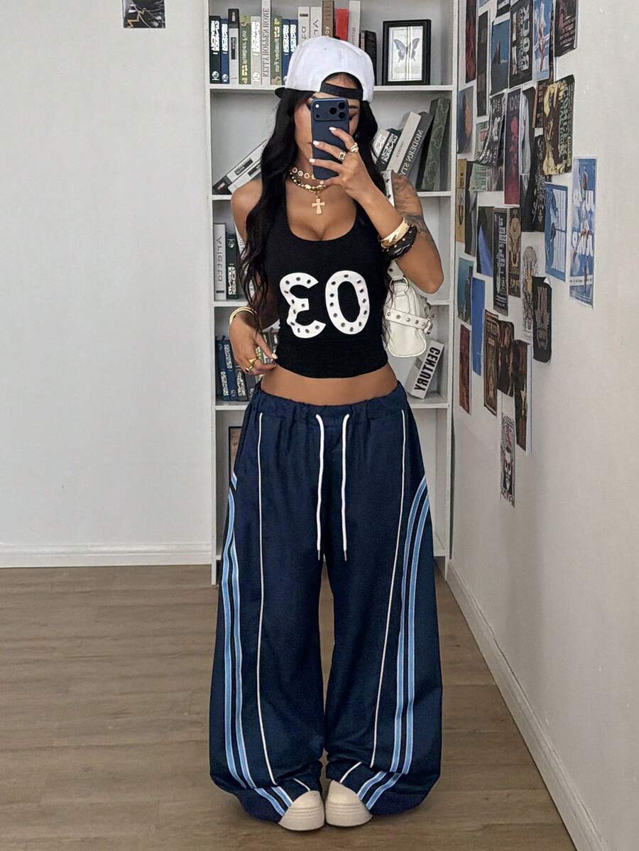 StreetHx 女士藏蓝色条纹宽松运动裤 - 藏蓝色 - 查看 1