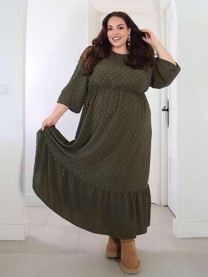 Pretty and Ole 大码女式休闲圆领灯笼袖荷叶边连衣裙 秋季连衣裙 复古风连衣裙 农家连衣裙 西式连衣裙 波西米亚风女装