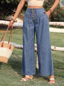 Breezaya 女士休闲宽松阔腿褶皱百搭牛仔裤 - 中等水洗藍 - 查看 3