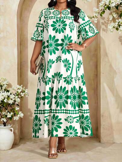 Fleurora Spring And Summer Elegant Commuting Office Work Casual Boho Beach Colorful Woven Notched Bell Sleeve A Line Dress Short Sleeve Plus Size Dresses Summer Dress Summer Dresses For Women Summer Clothes Summer Outfits For Women Beach Dress Beach Outfits For Women Beach Dresses For Women Casual Dresses For Women Casual Dresses Casual Long Dresses Vacation Outfits Women Holiday Outfits Beach Vacation Outfits For Women Vacation Dresses Plus Size Contrast Color Print Short Sleeve Dress