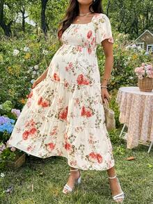SHEIN Đầm bầu in hoa, trễ vai, thân áo nhún bèo, chân váy xếp tầng, phong cách nghỉ hè. - Nhiều màu - Xem 4