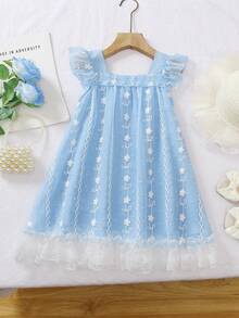 少女夏季休闲假日花卉刺绣网纱撞色蕾丝边方领宽松连衣裙 - 淺藍色 - 查看 1