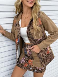 EMERY ROSE Women's Leopard Print Pocket Hooded Long Sleeve Denim Jacket And Coat - Coffee Brown - View 7