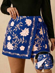 Travachic Plus Size Bohemian Casual Vacation Beach Shorts With Tie Decoration And Ruffle Hem For Women - Blue - View 1