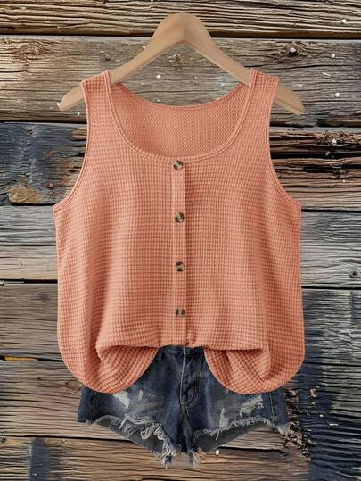 SHEIN VCAY 加大码女式夏季杏色条纹纽扣装饰无袖吊带衫