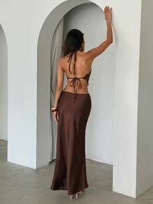 Aloruh Conjunto de 2 piezas con top halter sin espalda con ribete de encaje color café + falda, casual para vacaciones - Café integral - Ver 3