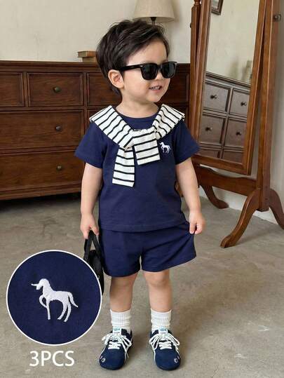 SHEIN Playful Pals Baby Boys' Blue School Style Short Sleeve T-Shirt Paired With Blue Shorts, Accented With Black And White Striped Scarf, Suitable For Outings, Gatherings, Parties, And Photoshoots