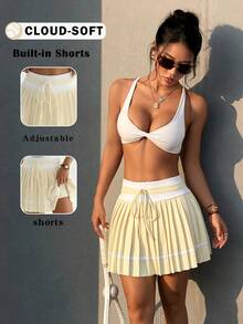 CourtClass Women's Contrast Color Tie-Waist Pleated Sports Skirt Pants - Yellow - View 1