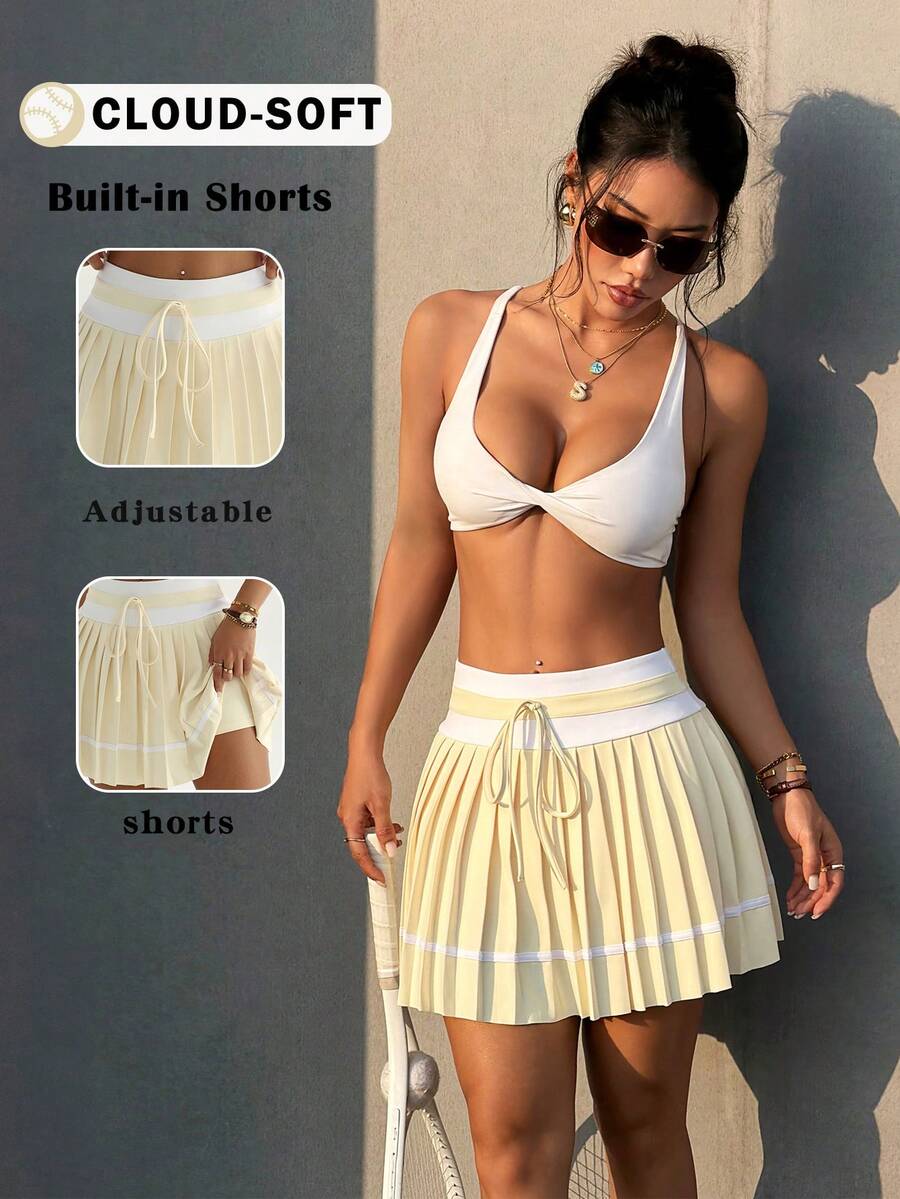 CourtClass Women's Contrast Color Tie-Waist Pleated Sports Skirt Pants - Yellow - View 1