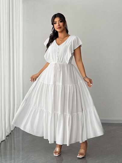 Elenzga 大码女式夏季休闲度假日常纯色V领荷叶边袖口层叠下摆连衣裙