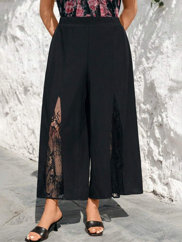 Plus Size Elegant Commuter Contrast Lace Solid Color Loose Straight Pants/Summer/Elegant Wide Leg Summer Pants Summer Beach Vacation For Women Formal Attire For Women Wide Leg Pants Woman High Waist Wide Leg Pants With Lace Insert Women's Wide Leg Pants Pants Women Summer For Women Beach For Women Casual Vacation Women Country Concert Peplum