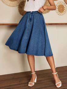 EMERY ROSE Women's Casual Denim A-Line Midi Skirt, Suitable For Daily Commute - Dark Wash - View 3