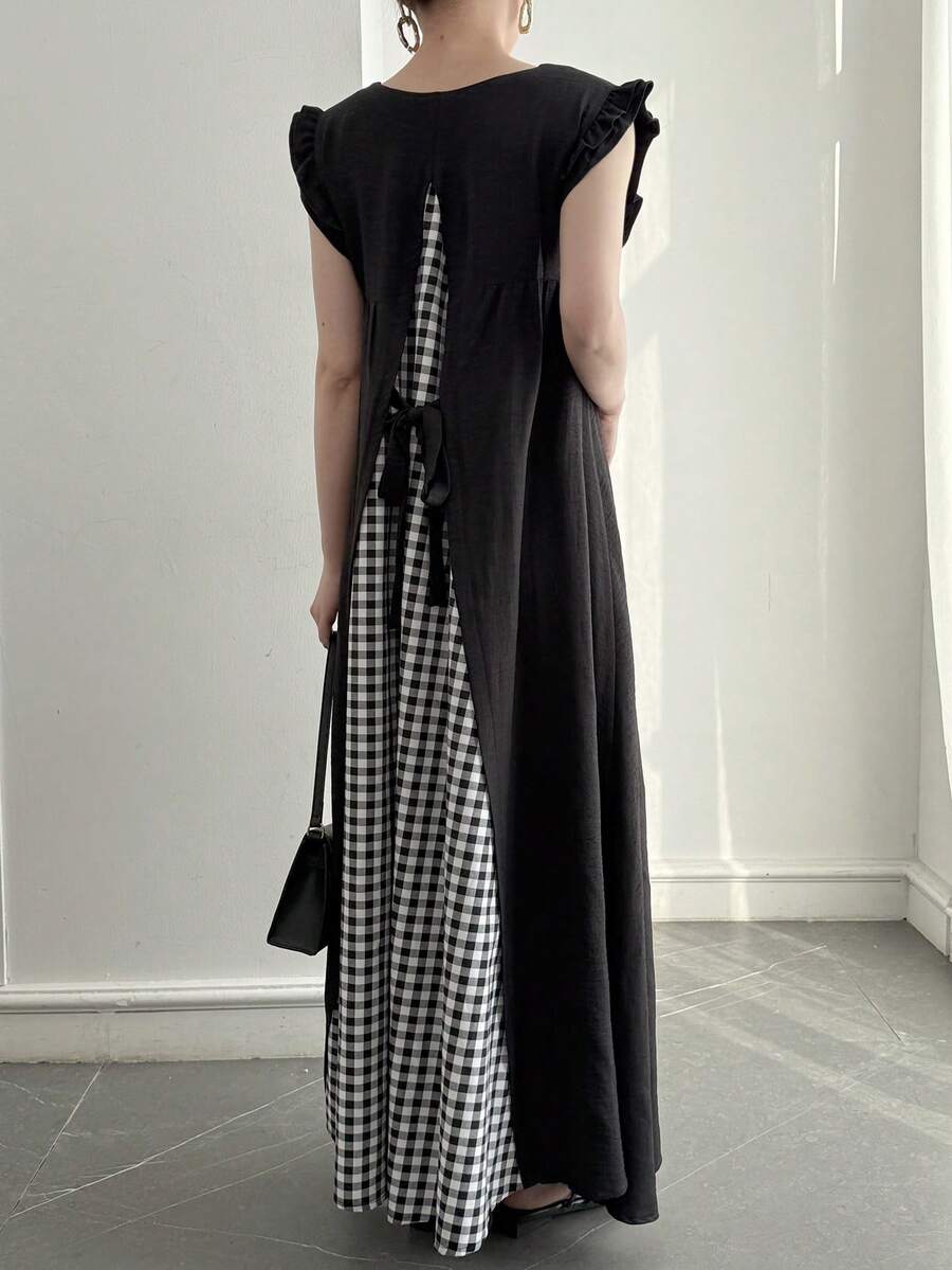 DAZY Women's V-Neck Cap Sleeve Plaid Patchwork Loose Mid-Length Dress - Black - View 1