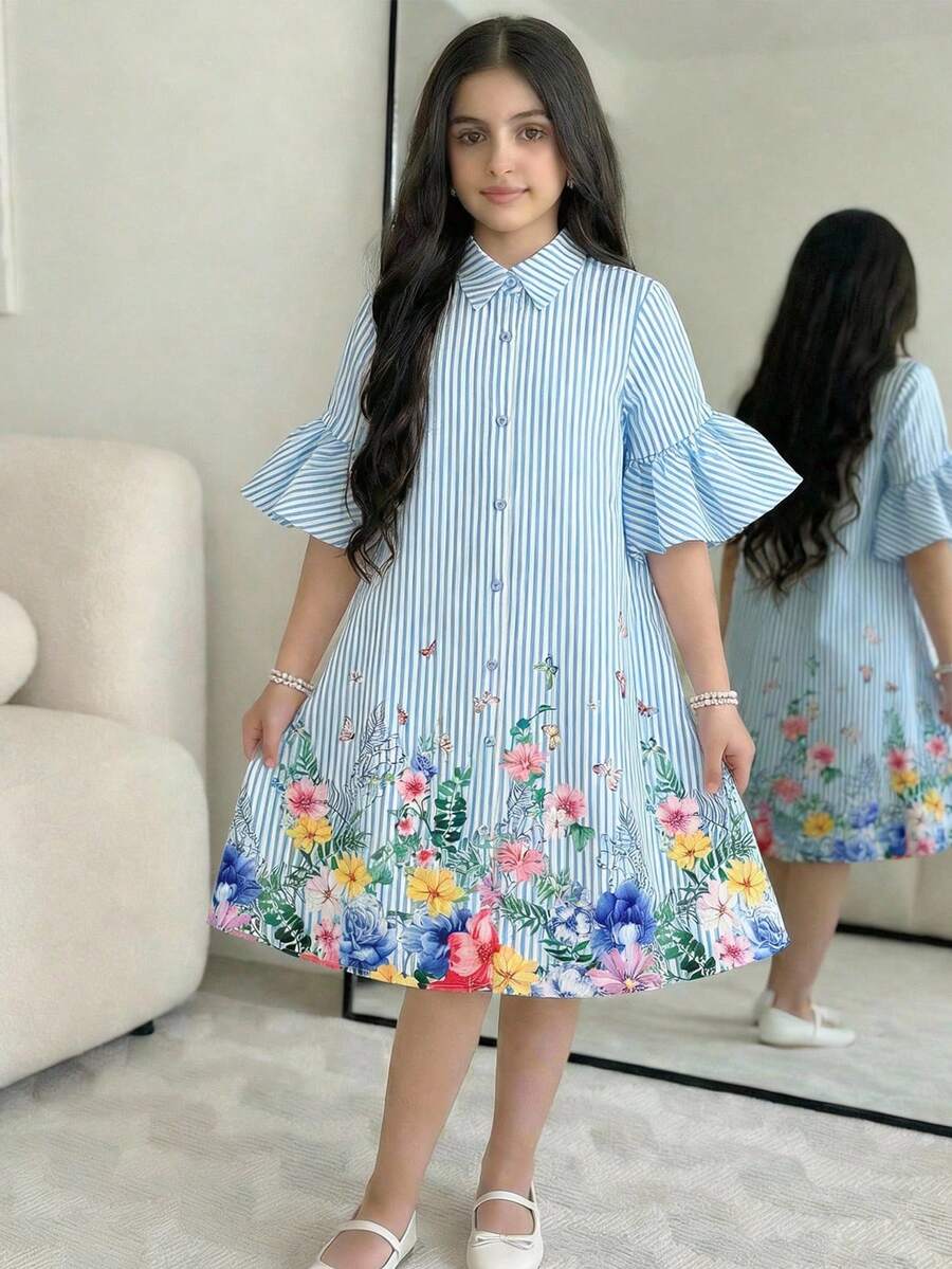 SHEIN 少女条纹碎花休闲连衣裙 - 白色 - 查看 1