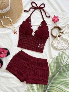 Soleia Women's Summer New Shell Decor Halter Knit Top And Shorts 2 Pieces Set - Rusty Rose - View 1