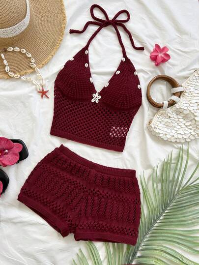 Soleia Women's Summer New Shell Decor Halter Knit Top And Shorts 2 Pieces Set