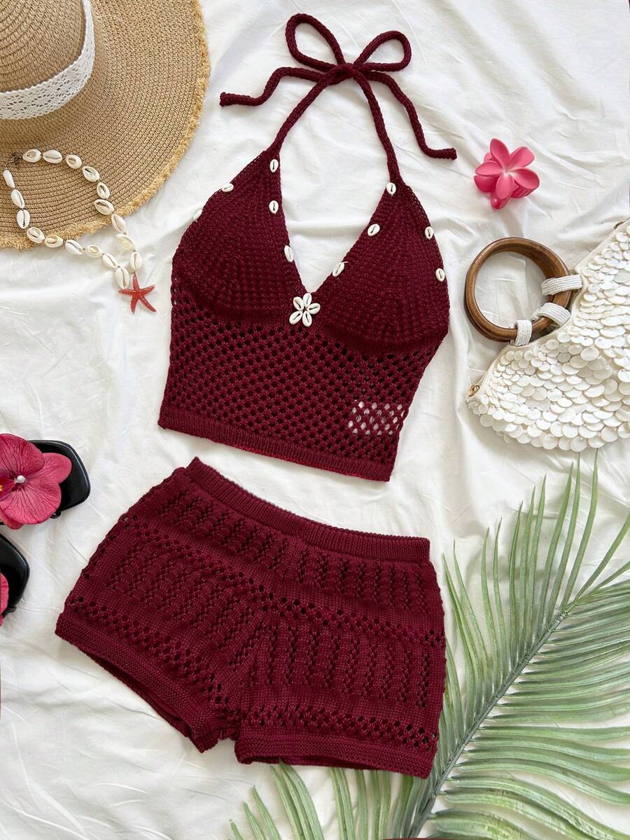 Soleia Women's Summer New Shell Decor Halter Knit Top And Shorts 2 Pieces Set - Rusty Rose - View 1