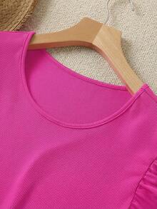 SHEIN LUNE 大码纯色圆领上衣和印花短裤两件套，女童夏季套装，女童春季服装，女士夏季两件套，女童碎花短裤套装，女童荷叶边袖上衣，儿童女童服装，幼儿女童短裤套装 - 玫紅色 - 查看 3