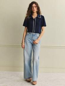 Écloséra 法式复古优雅短袖藏蓝色衬衫，饰以白色花卉蕾丝拼接，时尚百搭，适合工作场合，春夏皆宜。 - 藏蓝色 - 查看 2