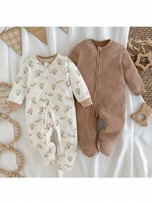 Loomiva Bộ đồ liền thân và quần dài tay cổ tròn mềm mại cho bé gái sơ sinh, họa tiết gấu hoạt hình. - màu nâu - Xem 9