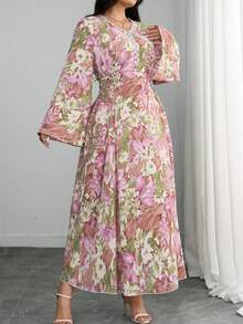 Modelyn Gaun Maxi Bergaya Abaya Motif Bunga Merah Muda yang Sopan, Motif Bunga Besar di Seluruh Permukaan, Gaya Romantis Boho Chic Musim Panas yang Elegan untuk Acara Siang Hari bagi Wanita - Berwarna merah muda - View 3
