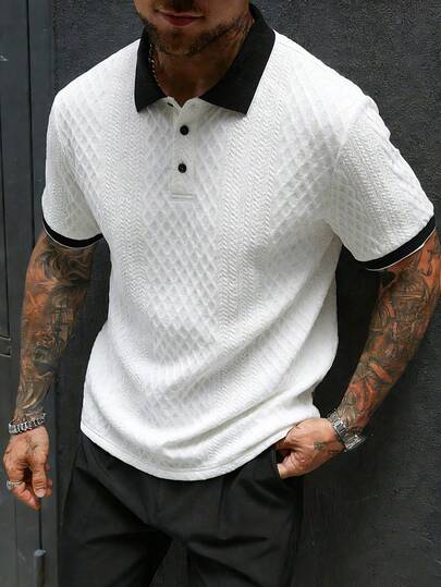 EGENSIO Men's Knitted Jacquard Textured Solid Color Ribbed Collar Polo Shirt