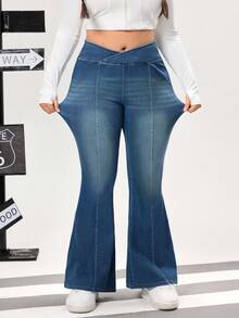 Flexra Plus Size Women Asymmetric Waist Flare Casual Versatile Jeans - Blue - View 6