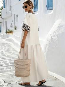 SHEIN Holidaya Elegant Black And White Checkered Round Neck Tie-Neck Apricot Printed Long Dress For Women,Summer Boho Vacation Holiday Beach Woven Fabric Abaya - Apricot - View 3