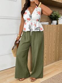 SHEIN Frenchy Bộ 2 món dành cho nữ cỡ lớn, kiểu dáng thời trang thường ngày, gồm áo in họa tiết và quần dài đến mắt cá chân, thích hợp cho kỳ nghỉ, hẹn hò, mặc hàng ngày, mùa xuân/hè. - Nhiều màu - Xem 2
